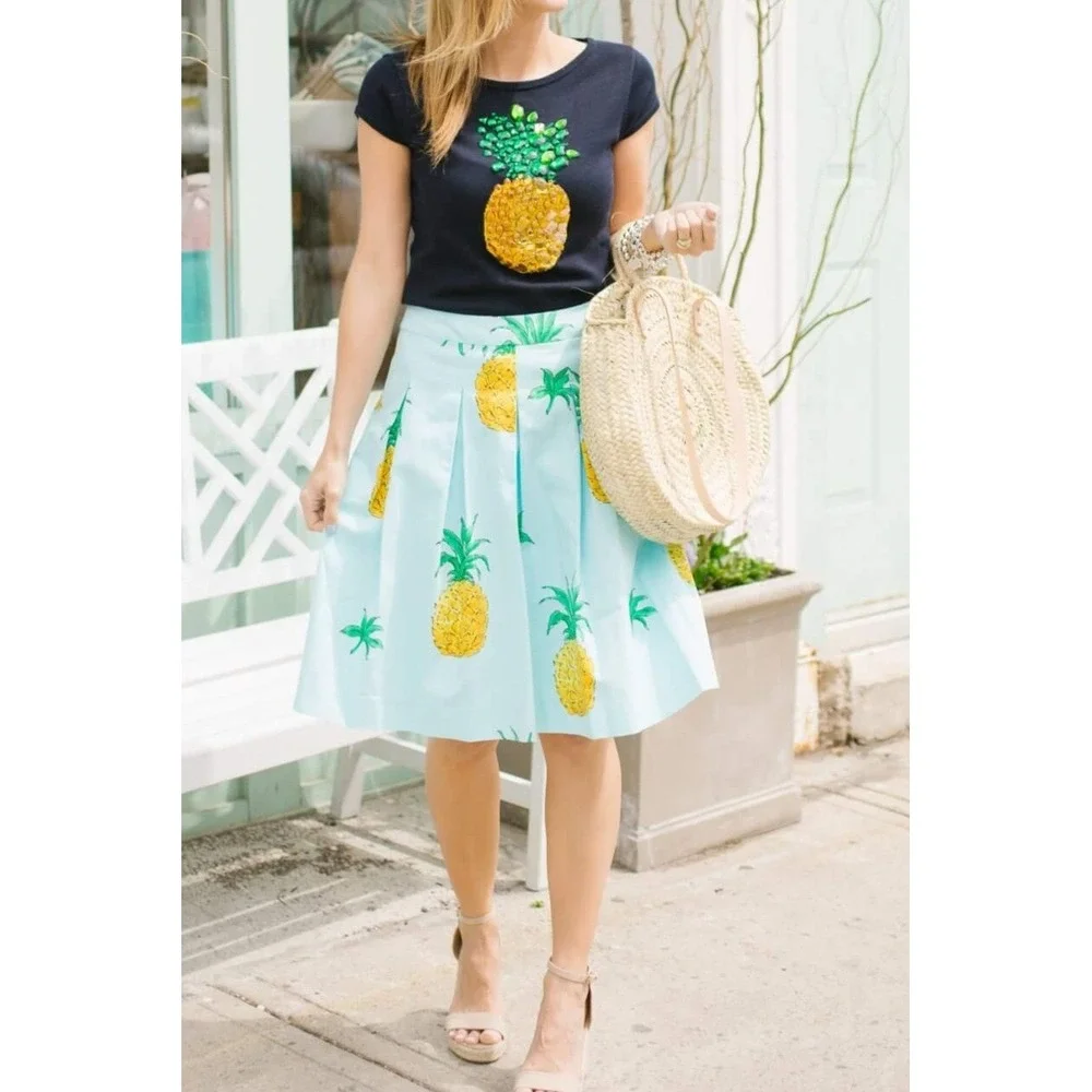 Talbots RSVP Pineapple Pleated Midi Skirt 6 Blue Tropical Cotton A-Line Preppy